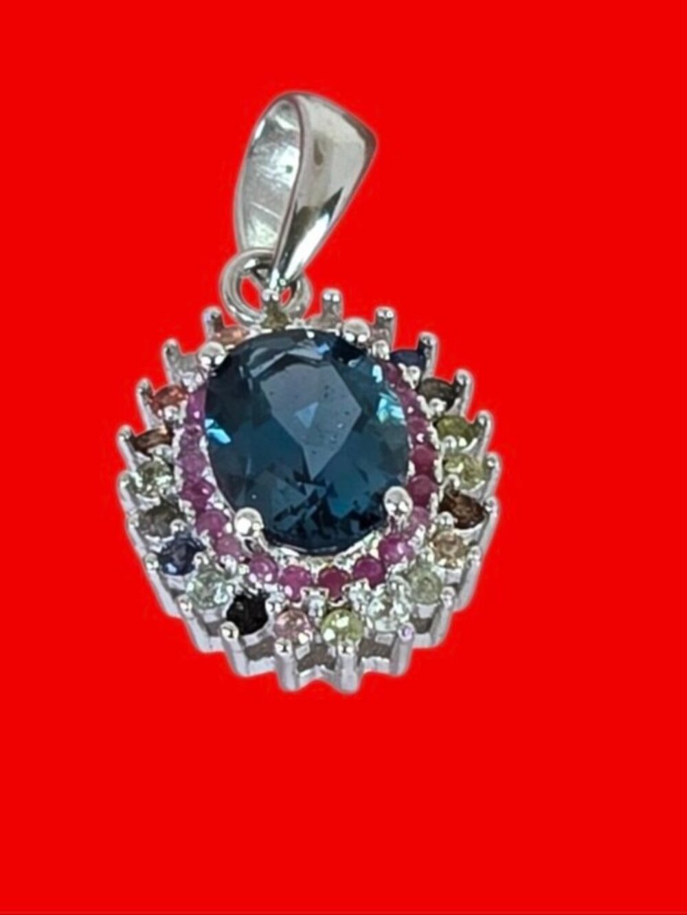 925 Sterling Silver Pendant with Natural London Blue Topaz, Ruby & Sapphire Gems